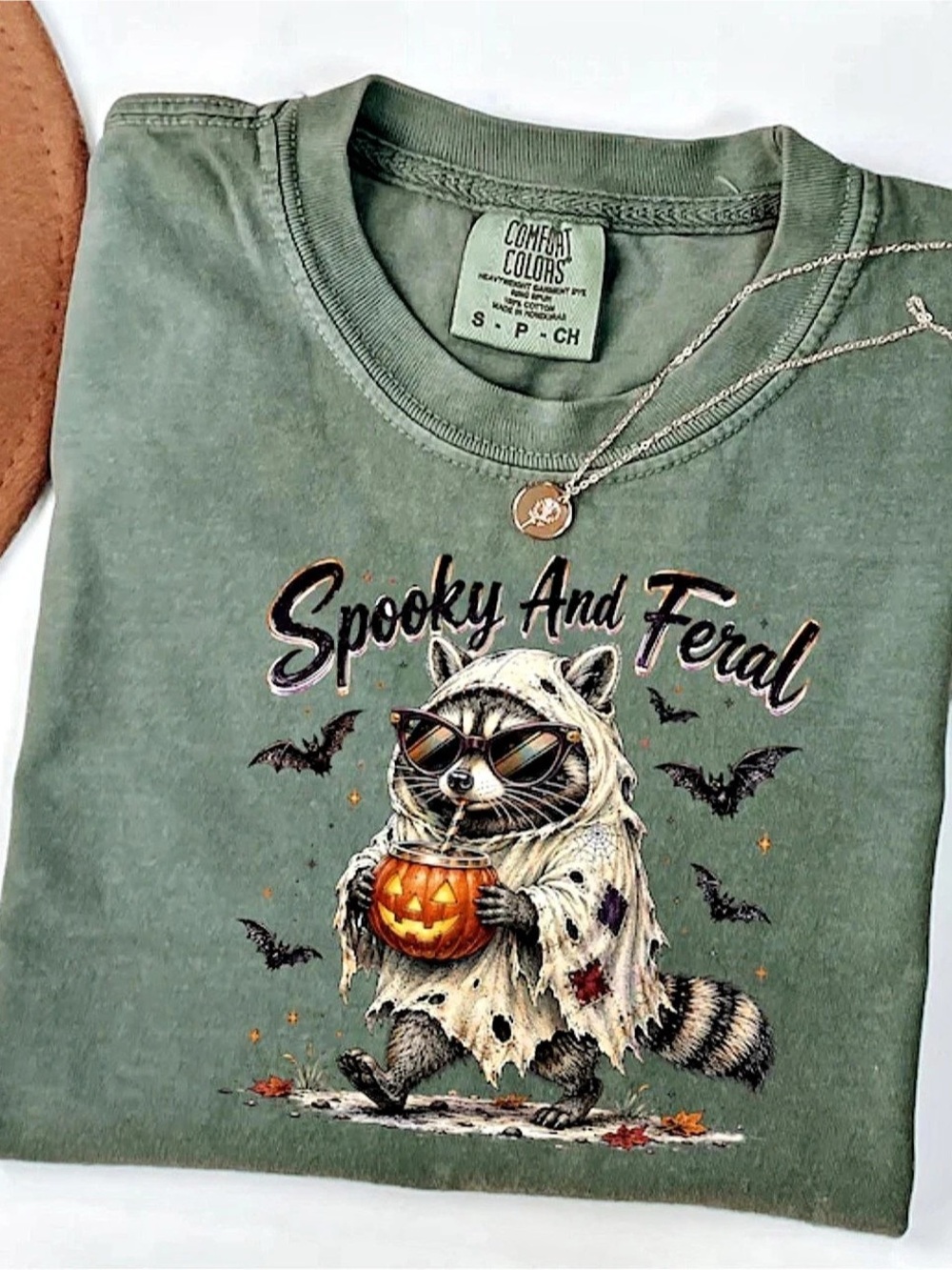 Comfort Colors Spooky And Feral Raccoon T-Shirt Moss Green